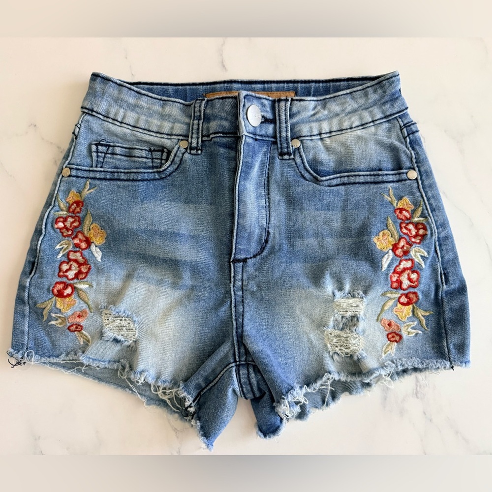 Joe's Jeans Denim Shorts with Red & Gold Floral Embroidery with adjustable waist